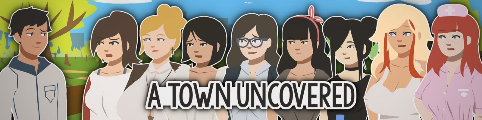 A Town Uncovered cover art featuring the male protagonist and key female characters in GeeSeki's distinctive hand-drawn 2D style