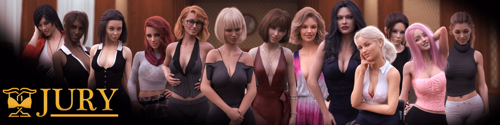 Jury visual novel cover art showing the main cast in a stylized courtroom setting