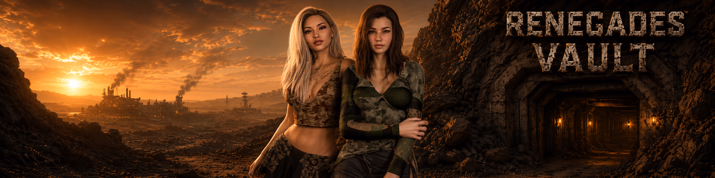 Two 3D-rendered female survivors stand in the Bonelands near a hidden vault with the smoke-lit city of Bonetown on the horizon