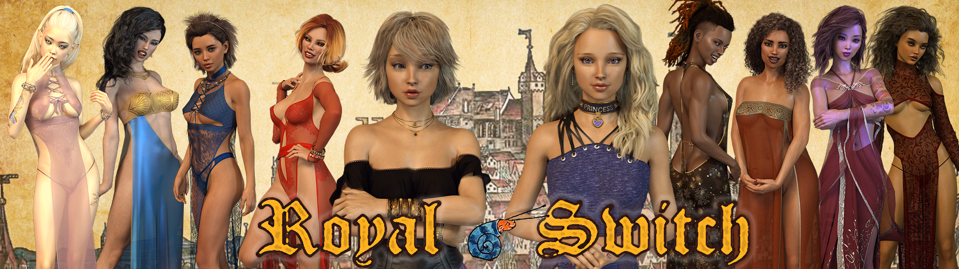 Royal Switch cover art showing a 3DCG fantasy female protagonist in regal surroundings