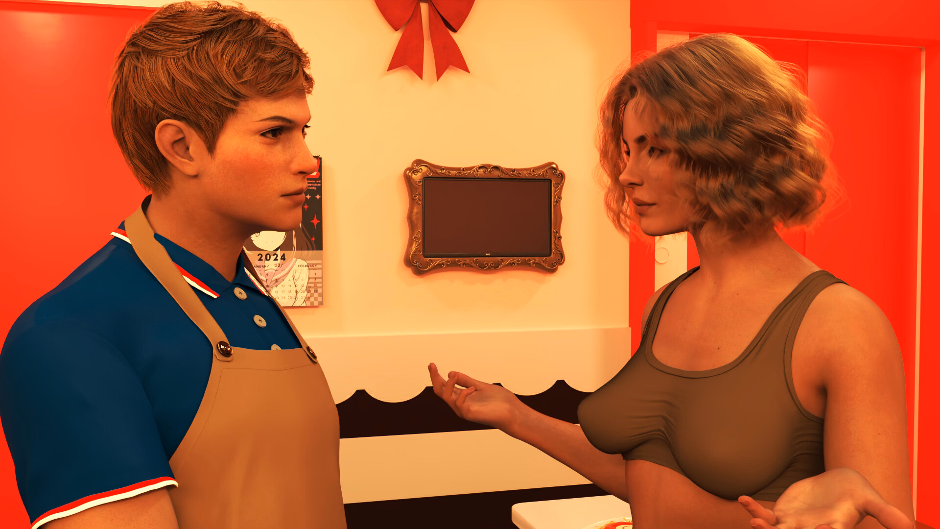 Close-up dialogue scene with a red-haired MILF character, showing the game's expressive model work